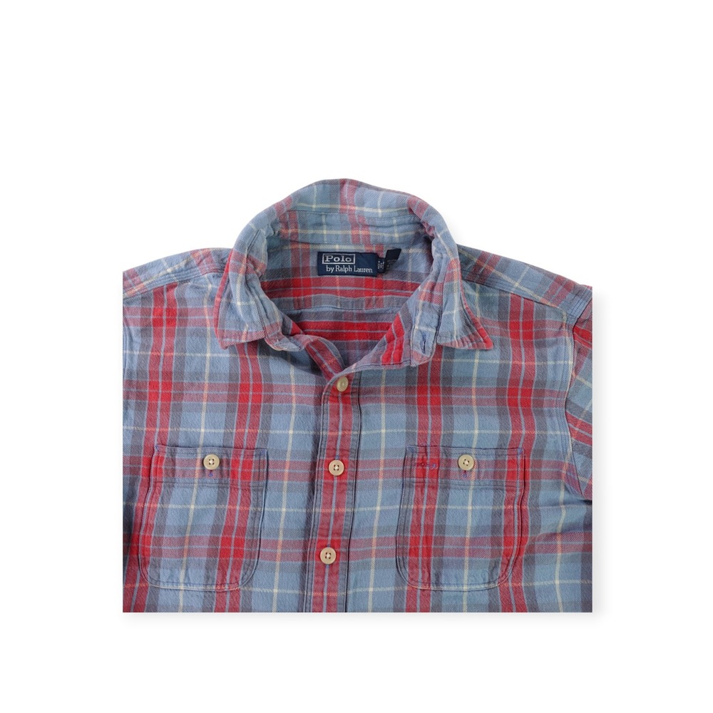 Polo Ralph Lauren Flannel Shirt Mens XL Blue Red Plaid Cotton 2 Pocket Workshirt